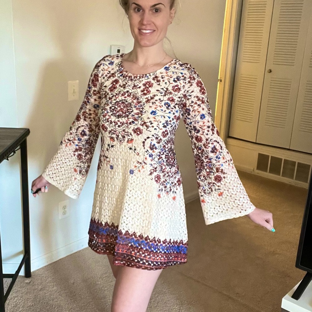 Medium lace flower bell sleeve dress with tie back